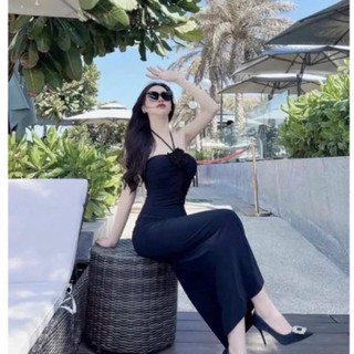 Đầm yếm xốp đính hoa ngực nhúm nhúm ngực ôm body trơn dáng maxi cực hot , chất thun xốp mềm mát có mút