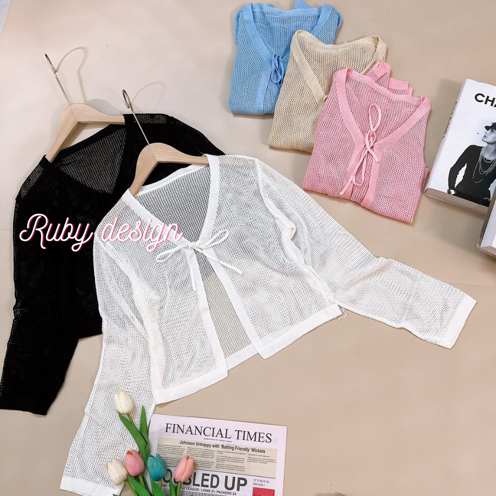 Áo khoác len , khoác cardigan mỏng croptop cột dây siêu xinh màu trắng đen be hồng phong cách HQ