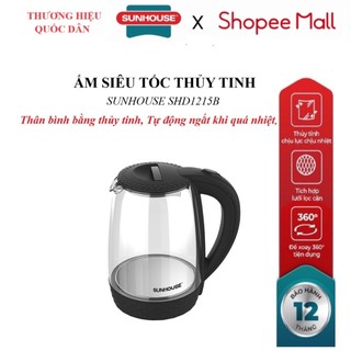 Ấm siêu tốc Sunhouse SHD1215B, Dung tích 1.8 lít, Công suất 1800W, Thân bình bằng thủy tinh trong suốt, Tự động ngắt