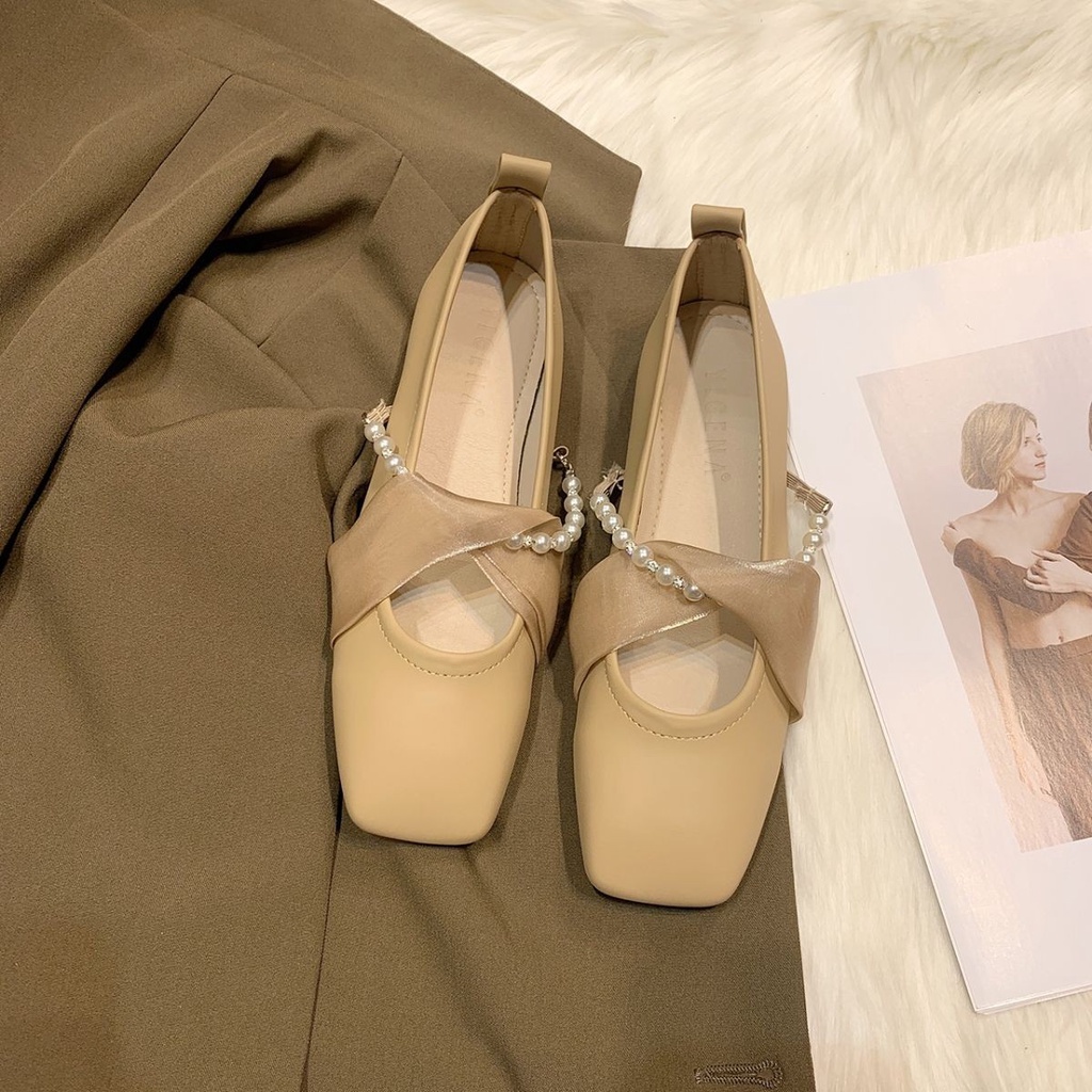 Mary jane Giày Búp Bê Đế Mềm Mũi Vuông Phối Ruy Băng Đính Ngọc Trai Dễ Thương Cho Nữ