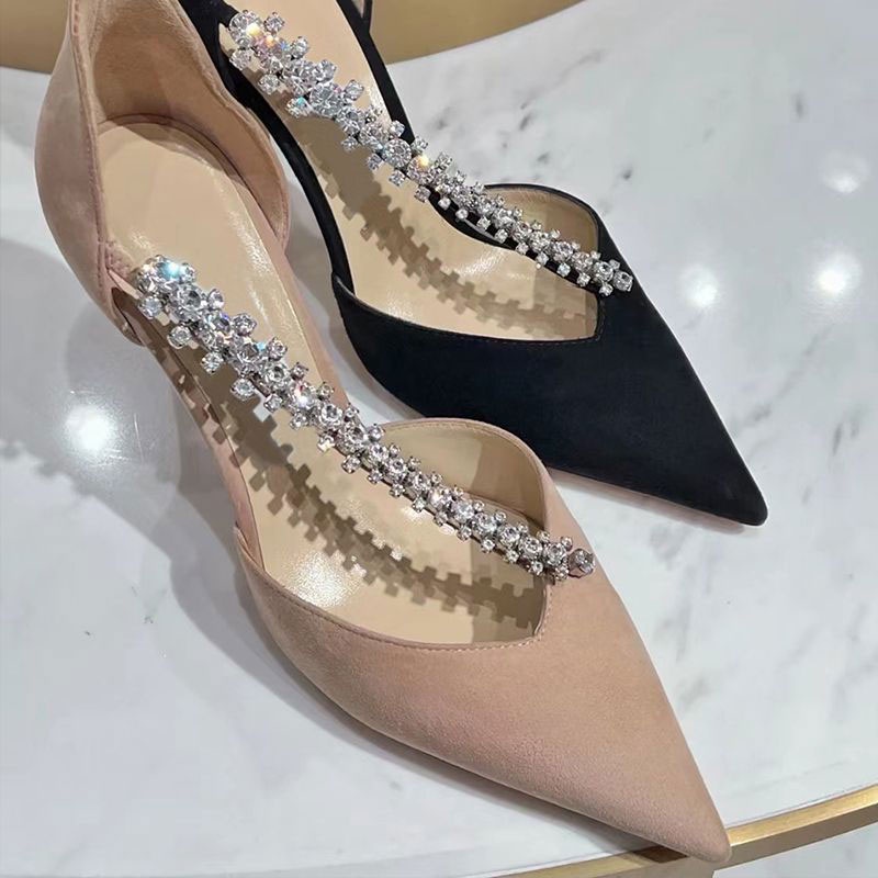 BẠCH LỘC ĐẠI NHÂN✨ Giày Cao Gót Đính Đá Phối Dây Xích Thiết Kế Mới Đơn Giản Thời Trang