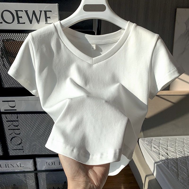 Áo Thun cotton Ngắn Tay Cổ Chữ v Thiết Kế Mới Mùa Hè Cho Nữ