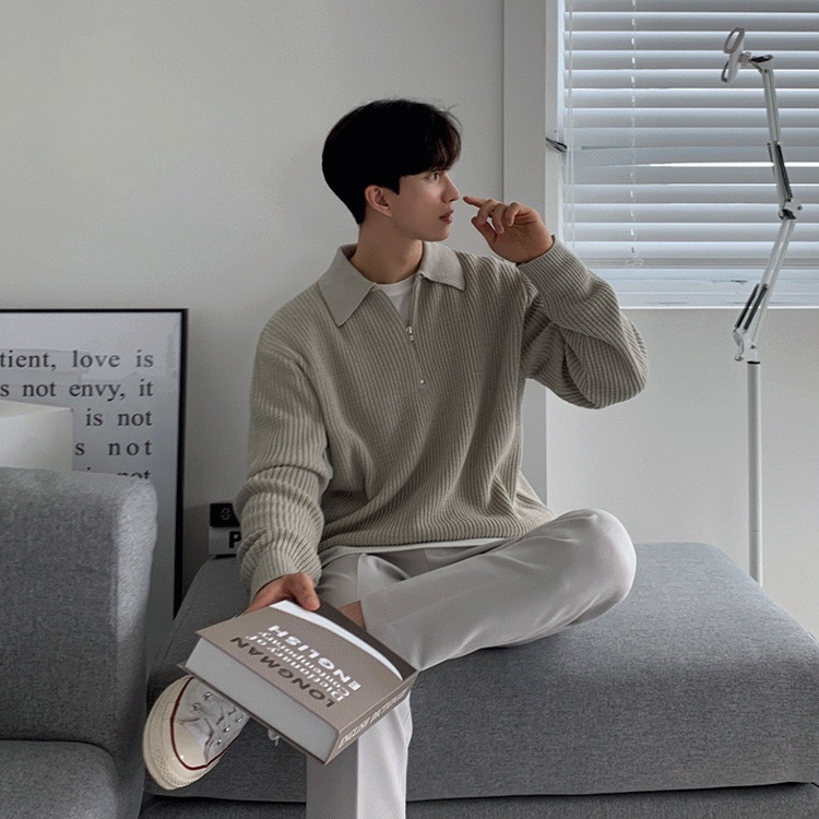 Áo polo Dệt Kim Tay Dài Dáng Rộng Màu Sắc Đơn Giản Thời Trang Thu Đông Cho Nam Giới