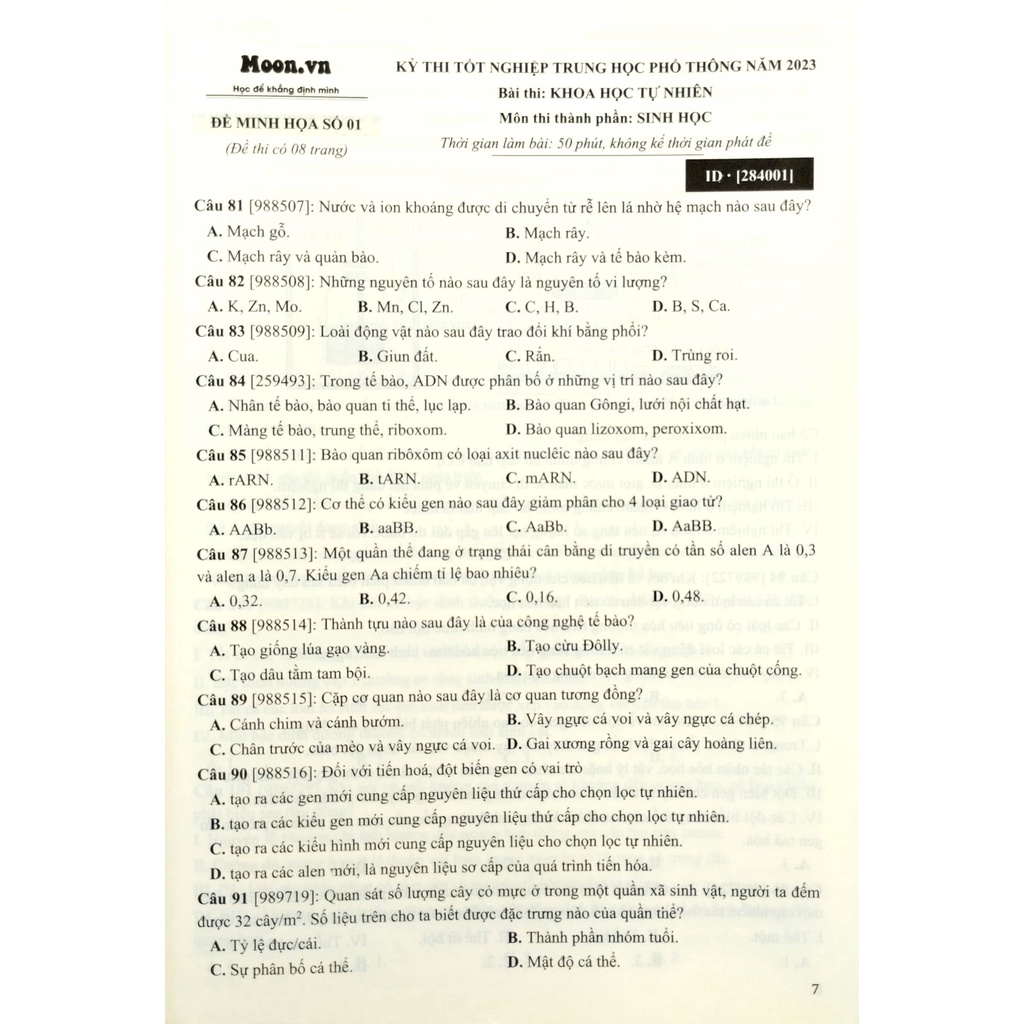 Sách 50 Đề Minh Họa 2023 Môn Sinh Học