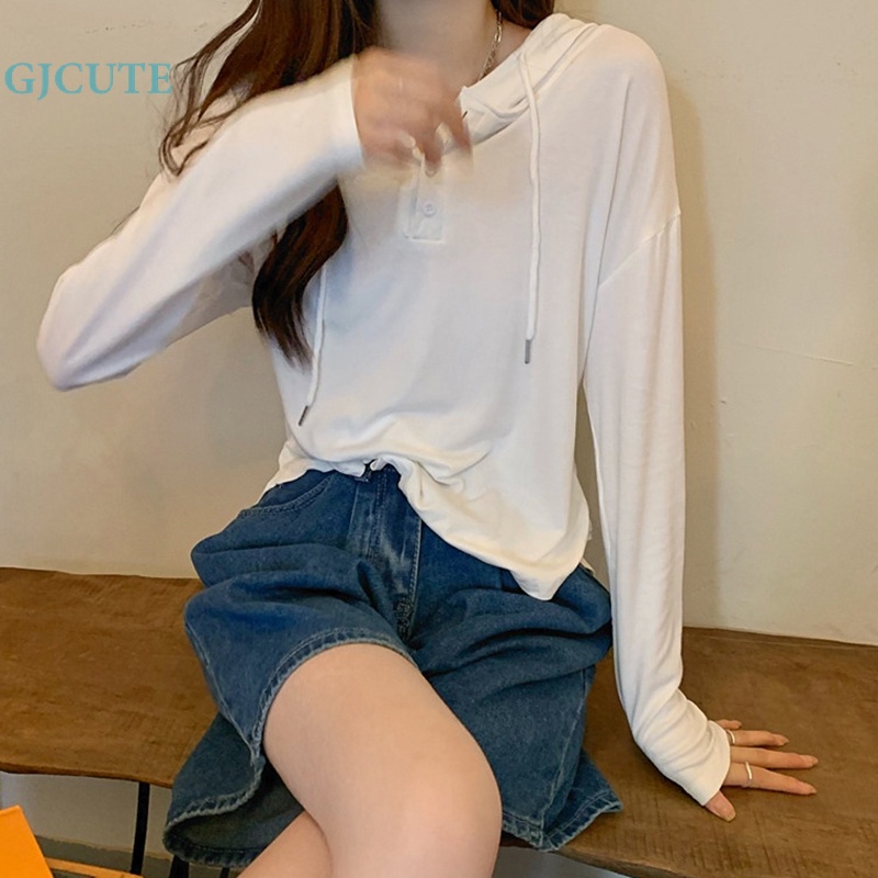Gjcute Áo Thun Dài Tay Có Mũ Trùm Đầu Màu Trơn Dáng Rộng Thời Trang Mùa Thu Cho Nữ