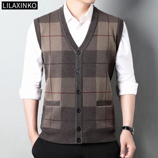  Áo Khoác cardigan Len Không Tay Cổ Chữ v Họa Tiết Kẻ Sọc 4 Màu Thời Trang Thu Đông Cho Nam 