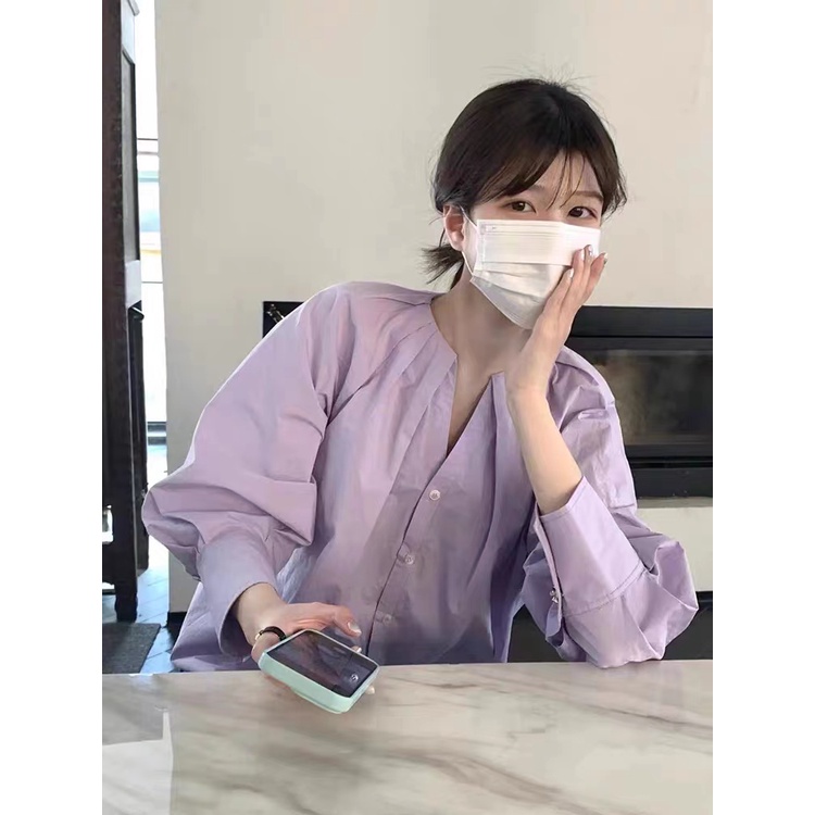 SUXI Áo Sơ Mi Tay Dài Phồng Cổ Chữ v Form Rộng Thời Trang Mùa Thu Mới