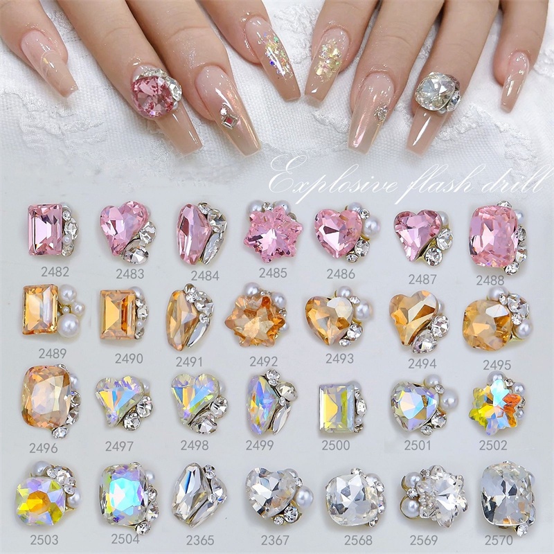 ♕ 1 Bộ trang sức kim cương pha lê trang trí móng tay hình trái tim hình chữ nhật dát ngọc trai đính đá siêu sáng Trang trí móng tay Công cụ làm móng tay cho cửa hàng làm móng NỘI THẤT