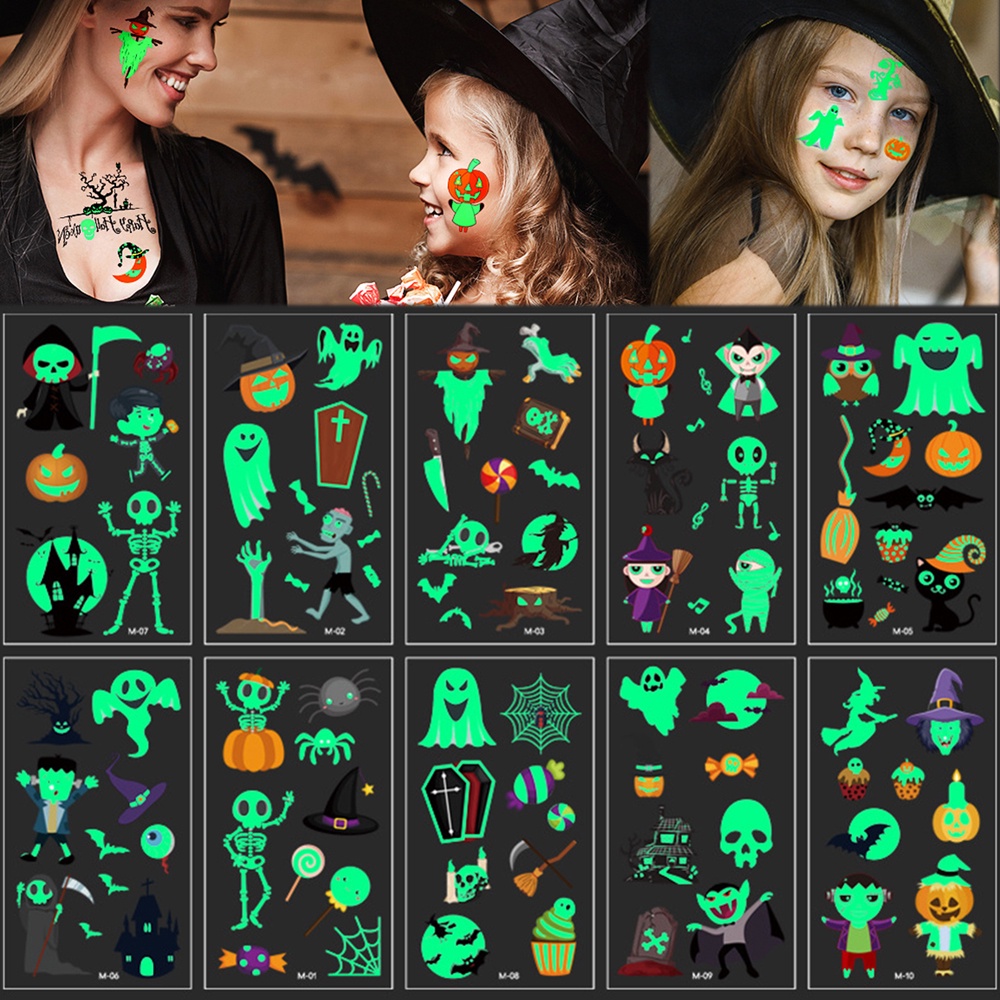 ⚡Còn Hàng⚡ Nhãn Dán Hình Xăm Halloween Phát Sáng Bí Ngô Vui Nhộn   Cơ Thể Trẻ Em Nhãn Dán Mặt Tạm Thời Chống Thấm Nước Trang Trí Halloween Tụ Tập Nhãn Dán Tạm Thời