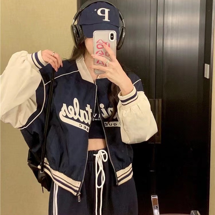 Áo Khoác Bóng Chày Tay Dài Dáng Rộng In Chữ cozok Màu Sắc Tương Phản Có Khóa Kéo Phong Cách vintage