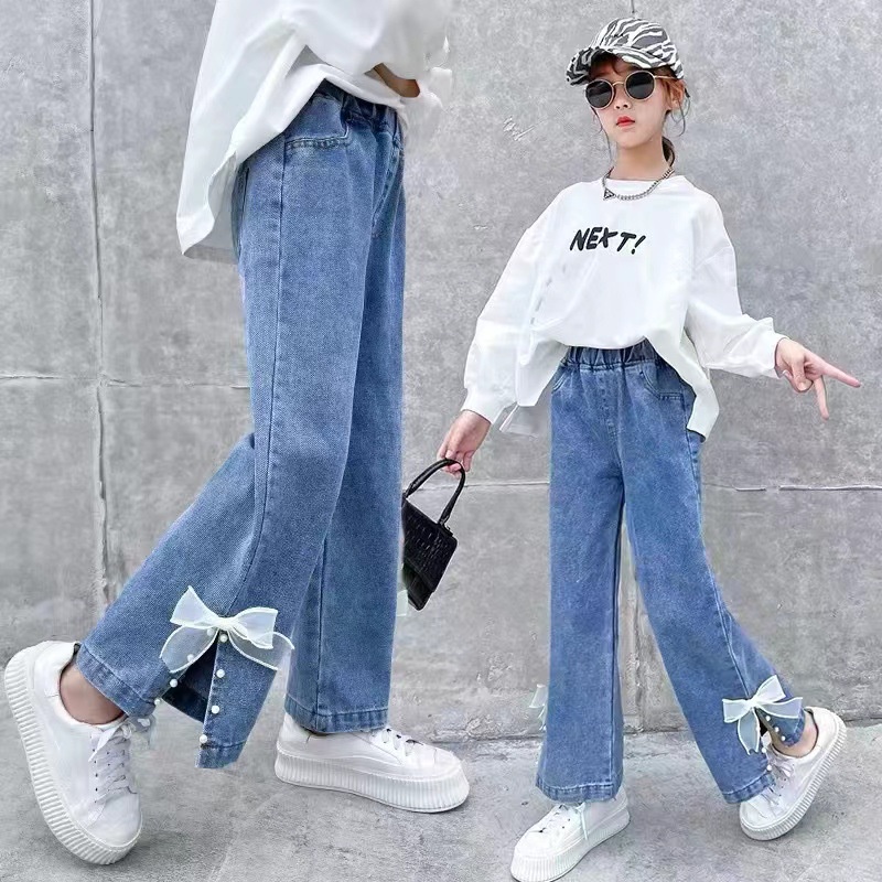 Quần Jean Dài 110-160cm Phong Cách Hàn Quốc Thời Trang Xuân Thu Xinh Xắn Cho Bé Gái