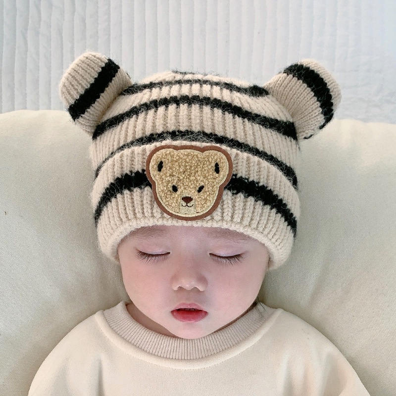 Mũ Len Dệt Kim Giữ Ấm Tai Chống Gió Hình Gấu Dễ Thương Phong Cách Hàn Quốc Cho Bé Trai Và Gái