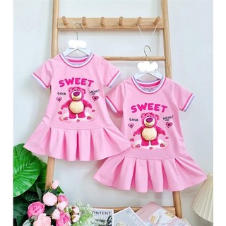 Váy cồ tròn xếp ly- hồng gấu dâu zunkids
