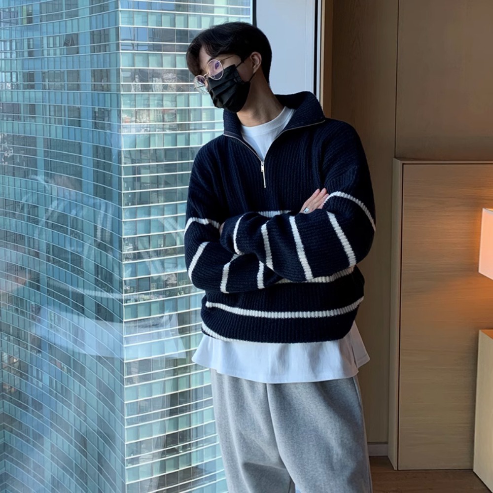 Áo Len Tay Dài Họa Tiết Kẻ Sọc Thời Trang Hàn Quốc Cho Nam