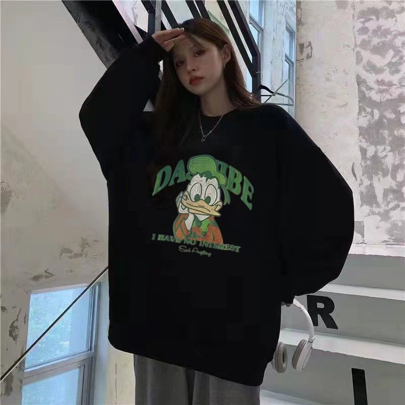 Áo Sweatshirts Mỏng Tay Dài Dáng Rộng In Hình Cho Nữ