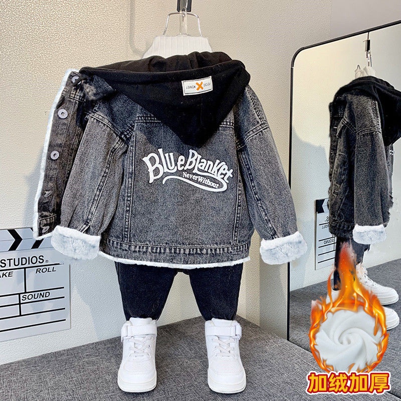 Áo Khoác denim Lót Lông Cừu Giữ Ấm Thời Trang Thu Đông Cho Bé Trai