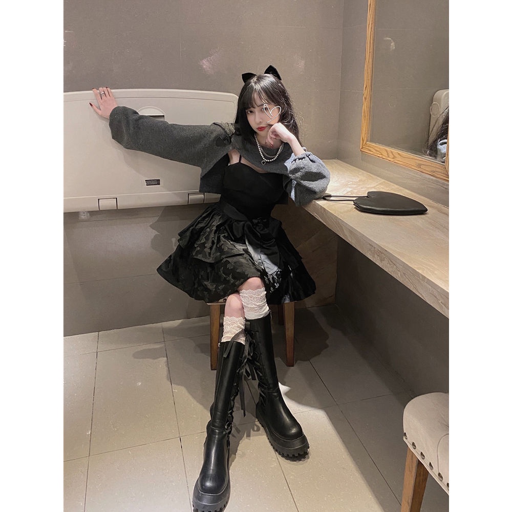 Chân váy y2k Set Đầm Hai Dây Màu Đen Thời Trang Xuân Thu Cho Nữ