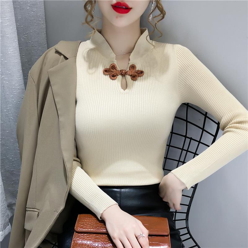 Áo sweater Dệt Kim Tay Dài Dáng Ôm Phong Cách retro Dành Cho Nữ