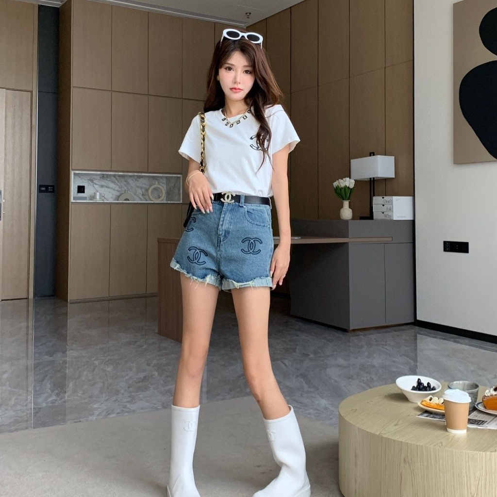 Quần Short jeans Lưng Cao Thêu Chữ Thời Trang Cho Nữ