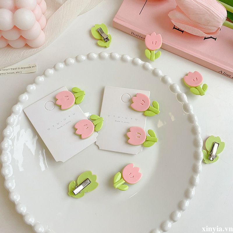 🌺🌺Kẹp Tóc Hình Hoa Tulip Màu Hồng / Xanh Lá Mini Đơn Giản Ngọt Ngào Cho Nữ