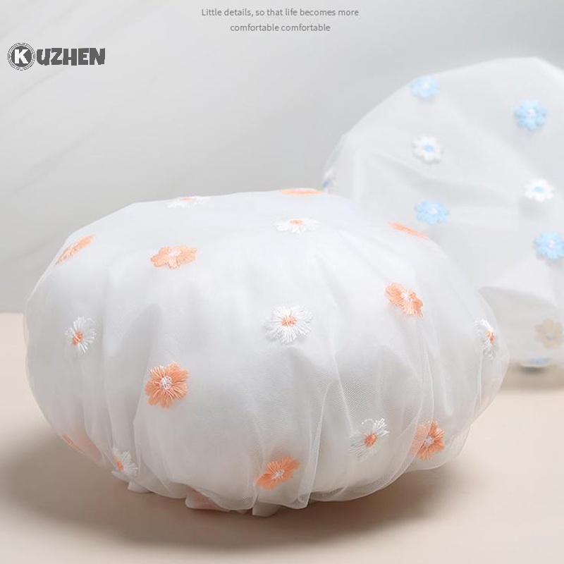 Mũ tắm KUZHEN hai lớp dày dặn thêu hoa chống nước và dầu cho phòng tắm/ spa