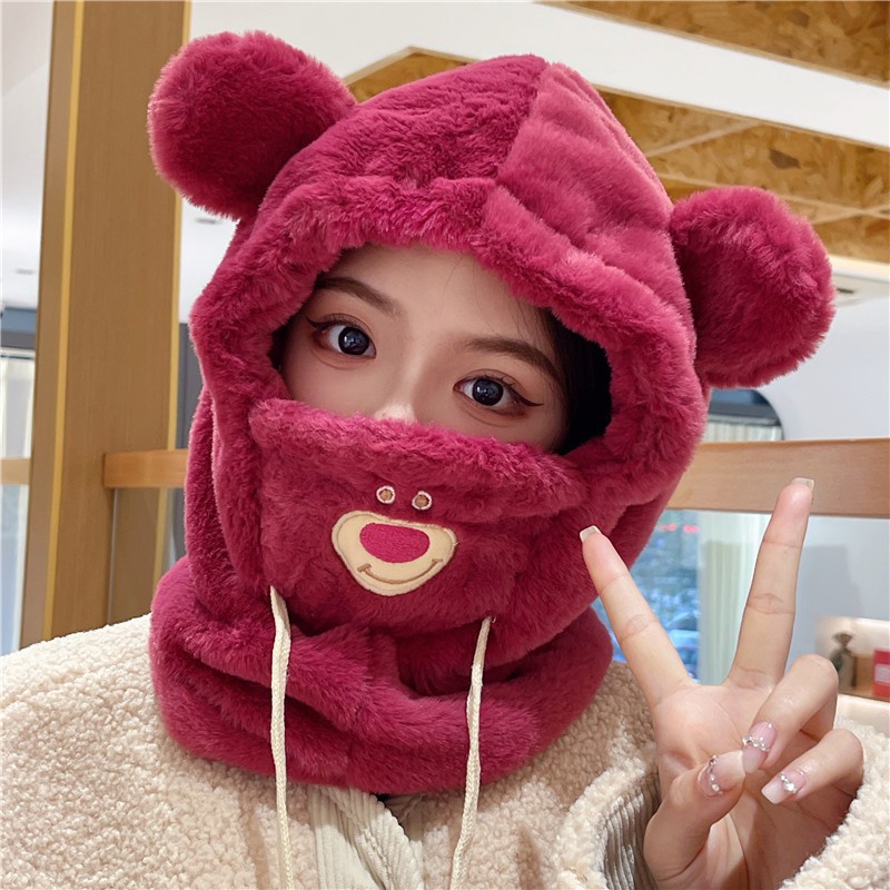 Ere1 Nón Trùm Đầu Kèm Khẩu Trang Giữ Ấm Chống Gió Hình Gấu Dâu Tây Dễ Thương Cho Nữ