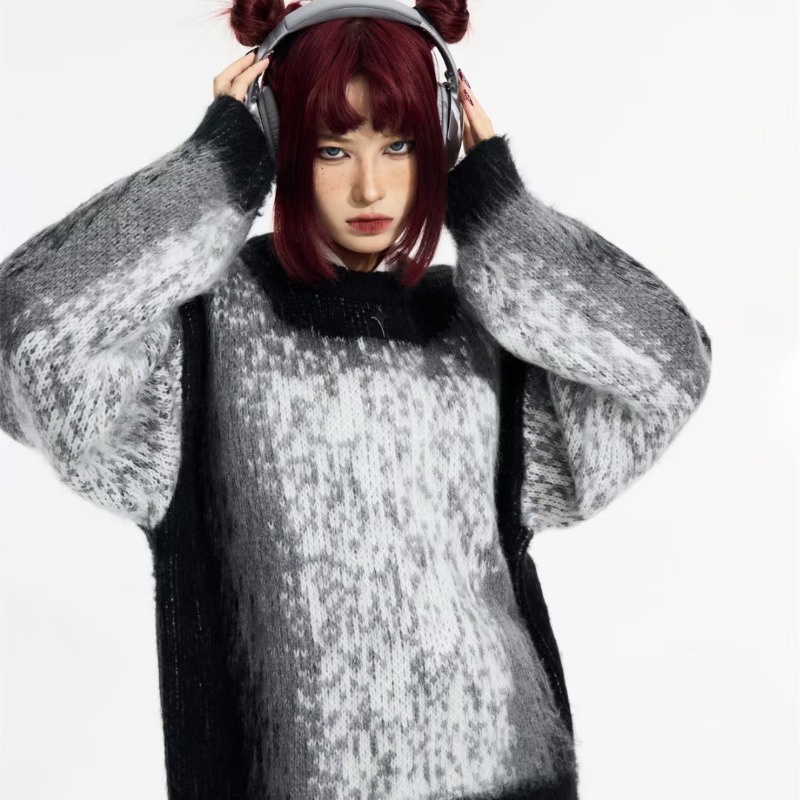 Áo Sweater Dệt Kim Nhuộm Màu Cổ Tròn Dáng Rộng Phong Cách Đường Phố Mỹ Cho Nam Giới