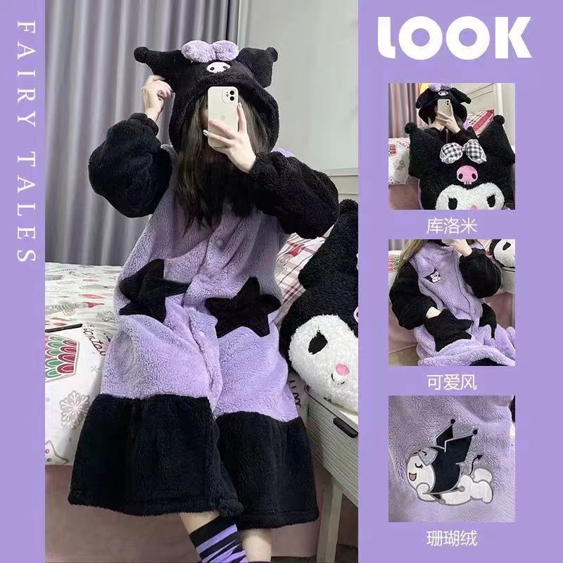 Yuyureal Áo Choàng Ngủ Dáng Dài Chất Nhung Dày Dặn Phong Cách Hàn Quốc Dễ Thương Thời Trang Mùa Đông Cho Nữ