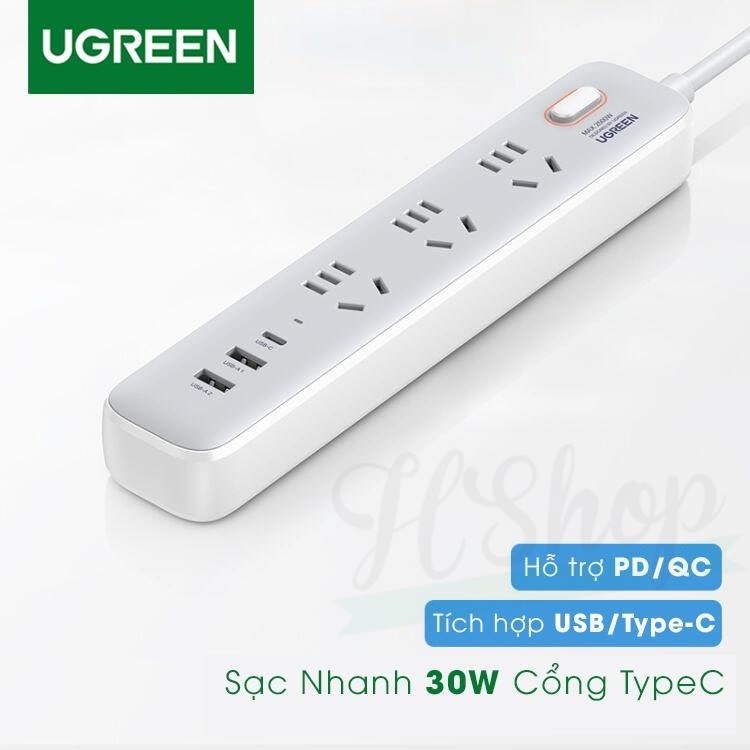 Ổ cắm điện đa năng UGREEN có sạc nhanh PD30W cổng USB + TypeC + AC220V, chịu tải 2500W, chống giật, chịu nhiệt 750 C