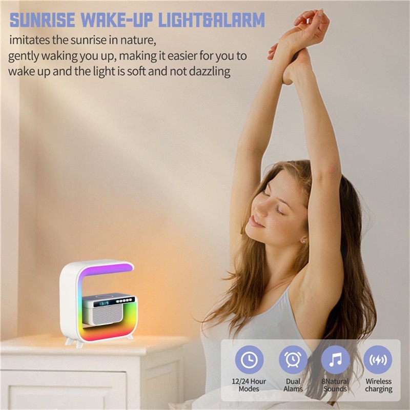 Đèn Loa Bluetooth Chữ G J.A OFFICIAL Mini Kiêm Sạc Không Dây và Đồng Hồ Báo Thức, Đèn Decor Led 7 Màu