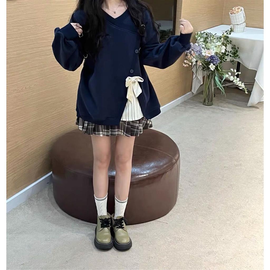 Áo sweater Dáng Rộng Mềm Mại Phối Màu Tương Phản Đính Nơ Kiểu Nhật Hàn Thời Trang Mùa Thu Cho Bạn Gái