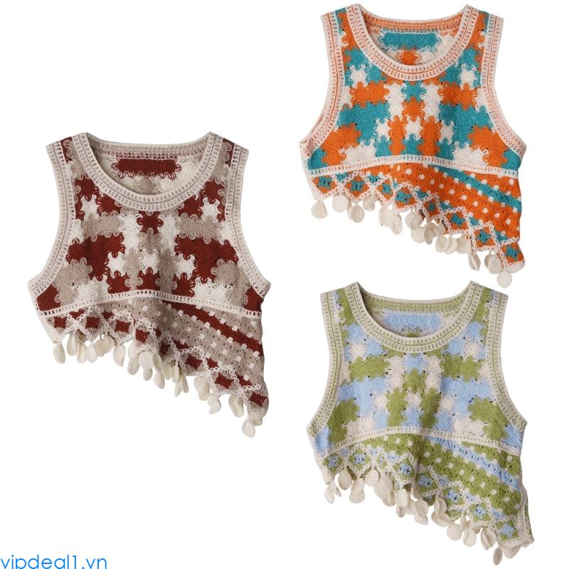 Vipdeal1 Áo sweater Dệt Kim Ngắn Sát Nách Cổ Tròn Viền Ren Màu Trơn Thanh Lịch Cho Nữ
