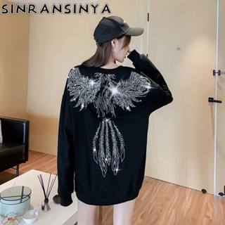 Sinransinya Áo sweater Tay Dài Cổ Tròn Dáng Rộng Đính Đá Phong Cách Đường Phố Mỹ Thời Trang Cao Cấp Cho Nam Và Nữ