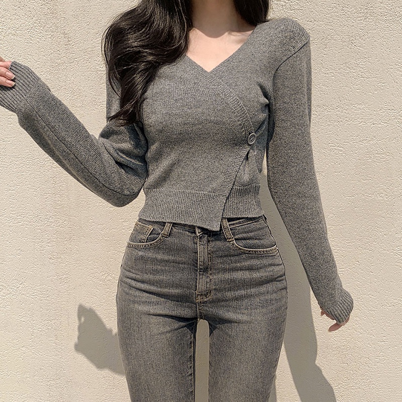 Áo cardigan Cổ Chữ v Màu Trơn Phong Cách Nhẹ Nhàng