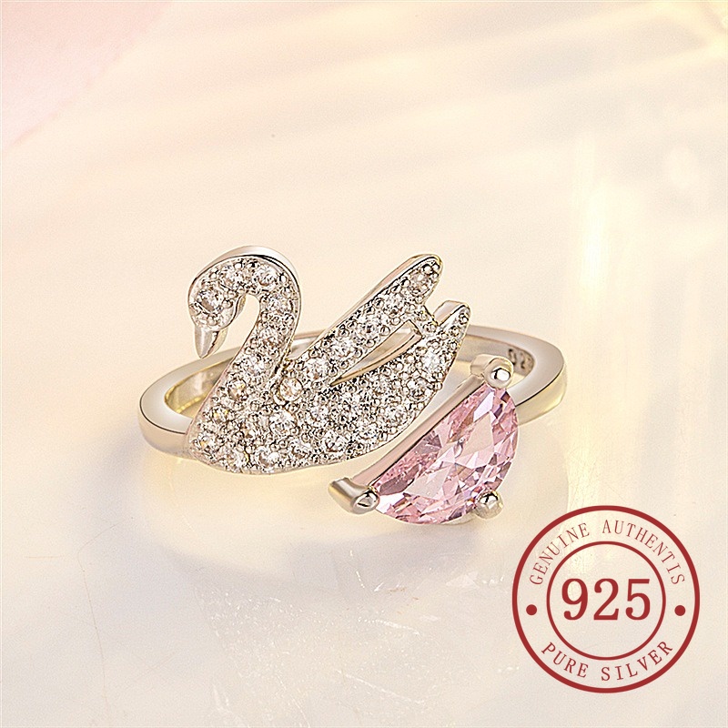 Nhẫn Hở Mạ Bạc s925 Hình Thiên Nga Đính Đá zircon Đơn Giản