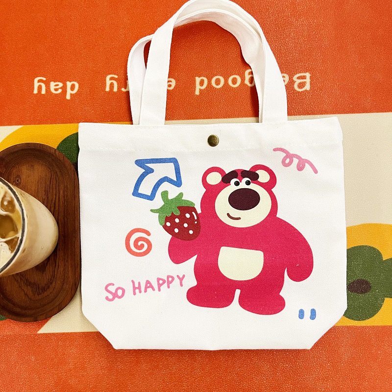 Túi mua sắm MR PUFFER vải canvas mini cầm tay đa năng thân thiện với môi trường họa tiết gấu dâu dễ thương