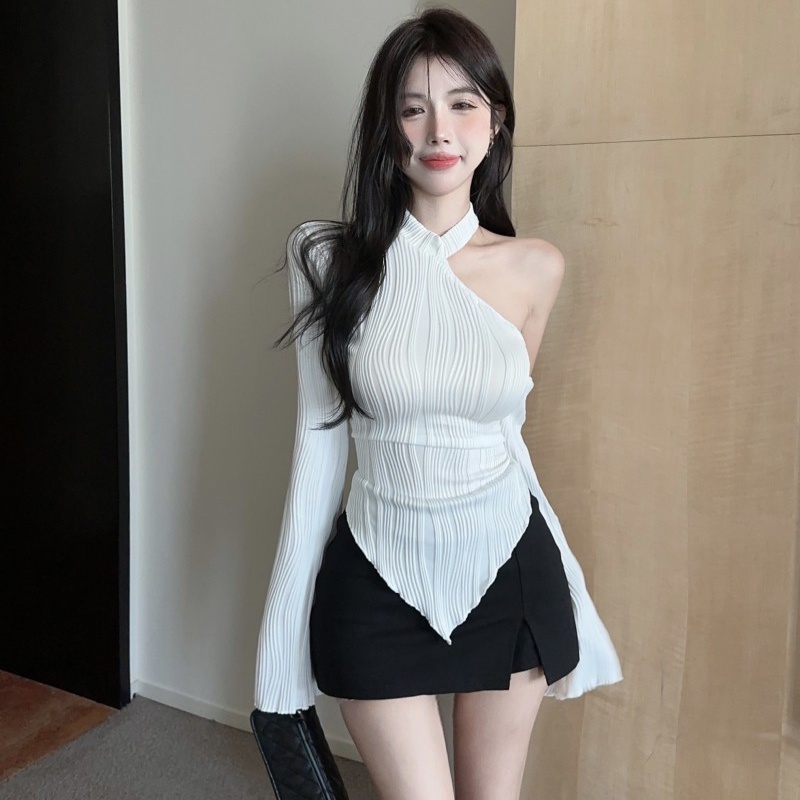 Áo Thun Tay Dài Hở Vai Mùa Thu Đông Phong Cách Mới Đa Năng Hình Cô Gái Nóng Bỏng Màu Trắng Không Đối Xứng Phong Cách Mới