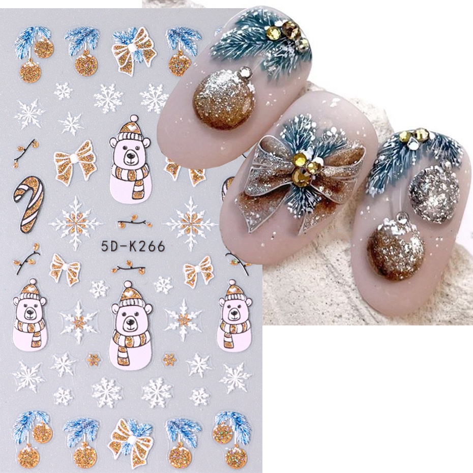 Miếng Dán Trang Trí Móng Tay 5d Màu Vàng Kim Lấp Lánh Hình Cây Thông Giáng Sinh / Hoa Tuyết / Gấu Nổi Bật