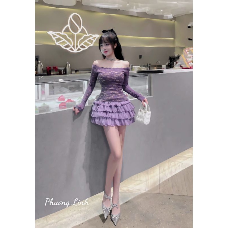 Set áo ren trễ vai mix chân váy bèo tầng xinhh xỉu