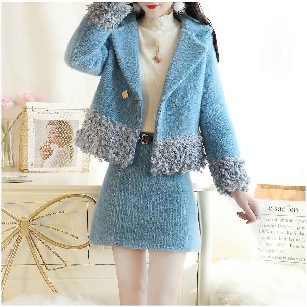 Set Áo Khoác Và Chân Váy Len Thời Trang Thanh Lịch Cho Nữ