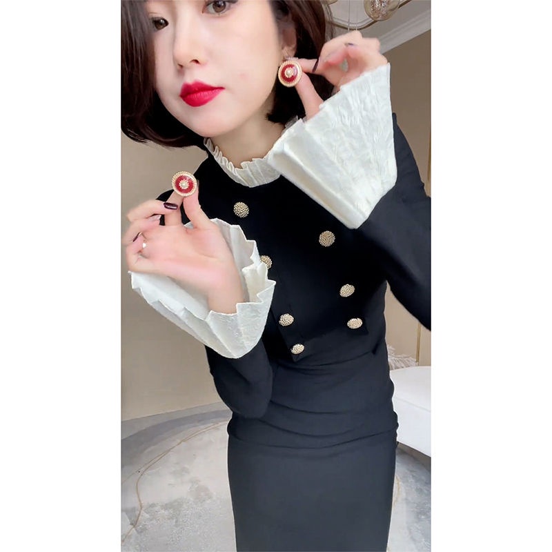 Đầm Thu Đông Màu Đen Cổ Đứng Siêu Đẹp Cao Cấp