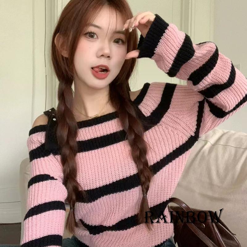 Áo Sweater Trễ Vai Tay Dài Hoạ Tiết Kẻ Sọc Cầu Vồng