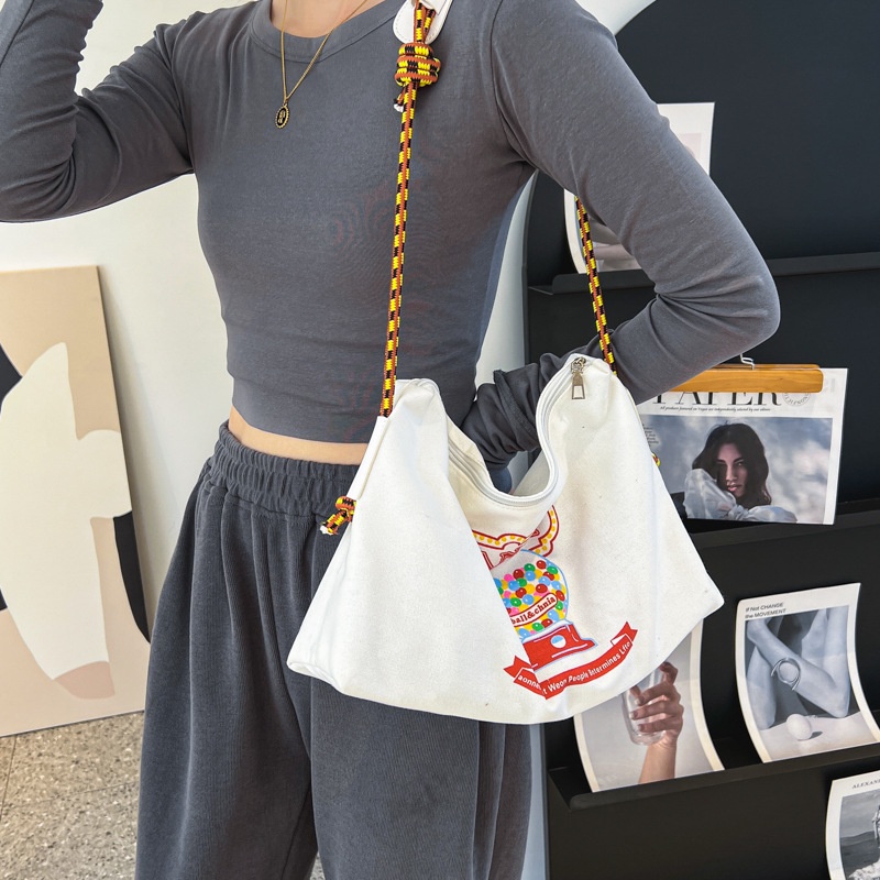 Túi Xách tote Đeo Vai Vải Bạt Thêu Hình Thời Trang Nhật Bản Hàn Quốc Sức Chứa Lớn Đa Năng Cho Nữ