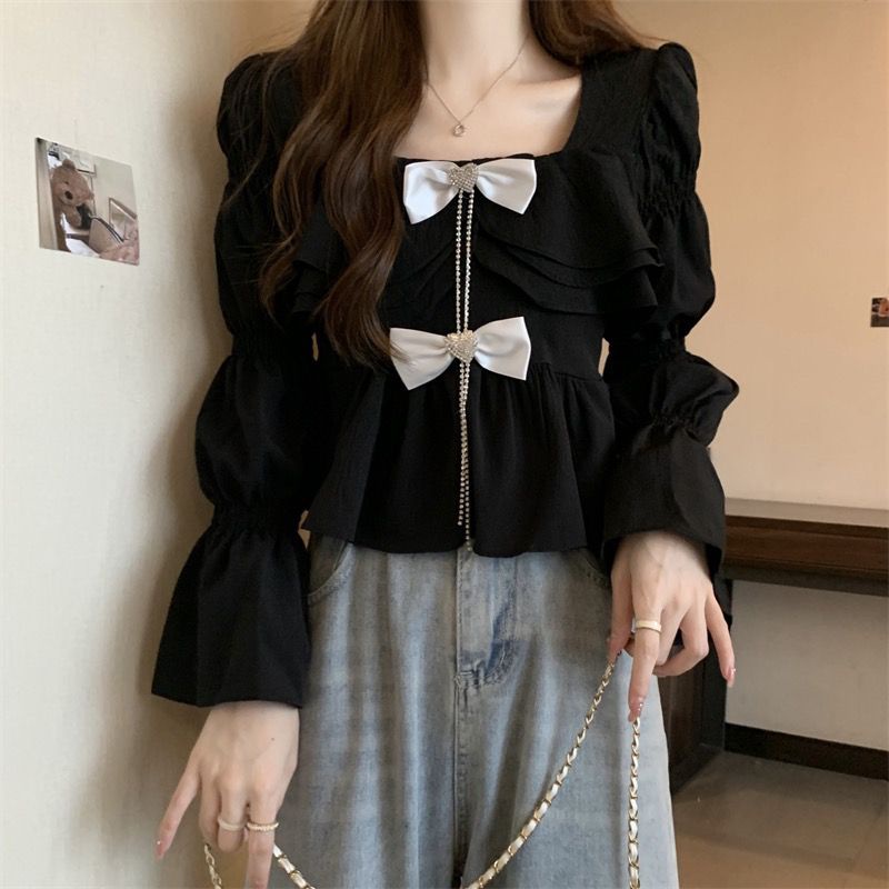 Áo Kiểu Tay Phồng Cổ Vuông Thắt Nơ Thời Trang Mùa Thu Cho Nữ