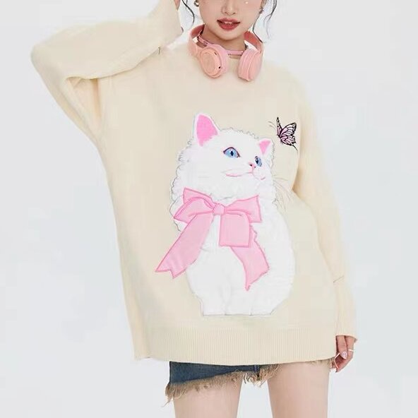 Áo sweater Cổ Tròn Dáng Rộng In Hình Mèo Thời Trang Mùa Thu Cho Nữ