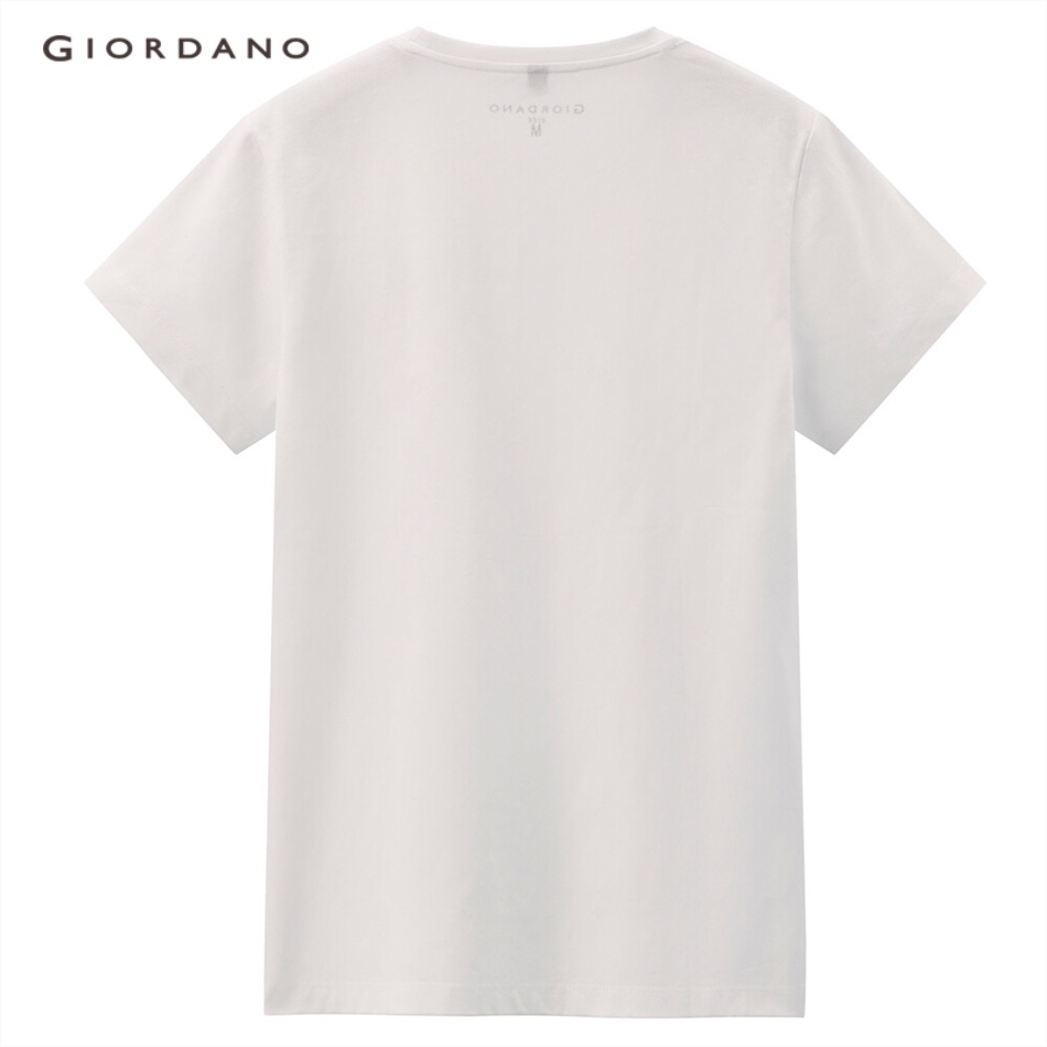 Áo thun GIORDANO 13323221 100% cotton dệt kim tay ngắn cổ tròn thêu họa tiết dành cho nữ