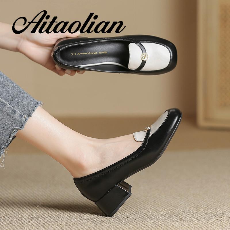 Giày Cao Gót 4cm Da Mềm Mũi Vuông Phong Cách Anh Quốc