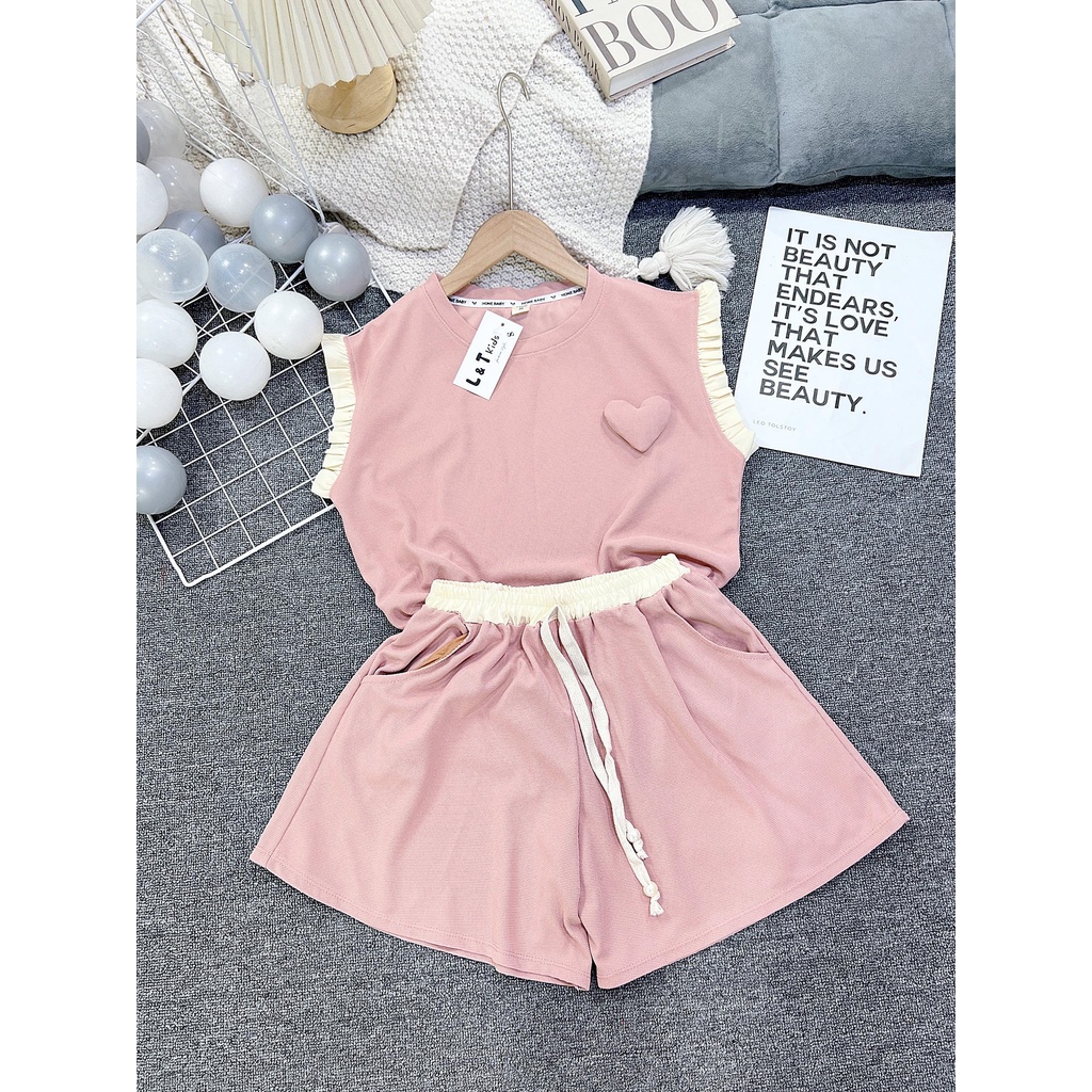 Đồ đôi mẹ và bé, bộ quần áo thêu tim viền bèo chất tổ ong màu hồng xinh