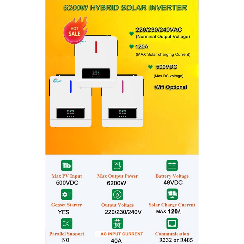 Hybrid Solar Inverter ZUMAX 48V-6200W On /Off Grid Tie 6.2KW 48V-120A MPPT-PV 90V-450VDC Có lưu trữ ZUMAX