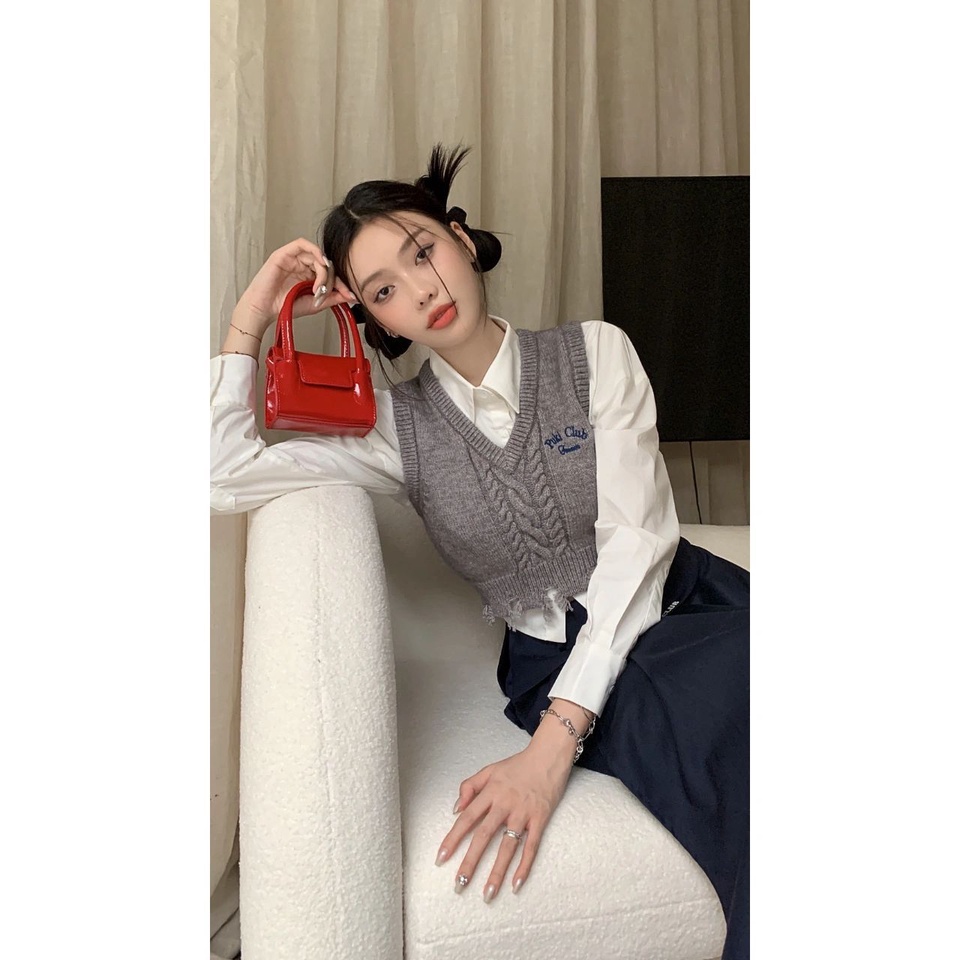 Set Áo Len Không Tay + Áo Sơ Mi Phong Cách Nhật Bản Dễ Thương Cho Nữ